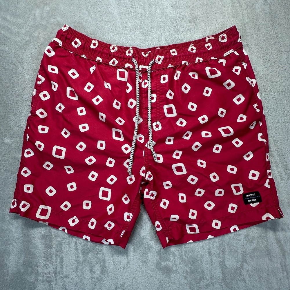 Jack Spade Warren Street Trunks Shorts Mens Red Geometric Mesh Lined Swimwear